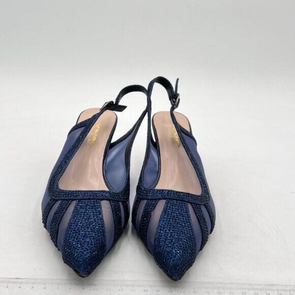 XYD Navy Bridal Slingback Pump Pointed Toe Slip On Mesh Rhinestone Low Heel Shoe - Picture 3 of 8